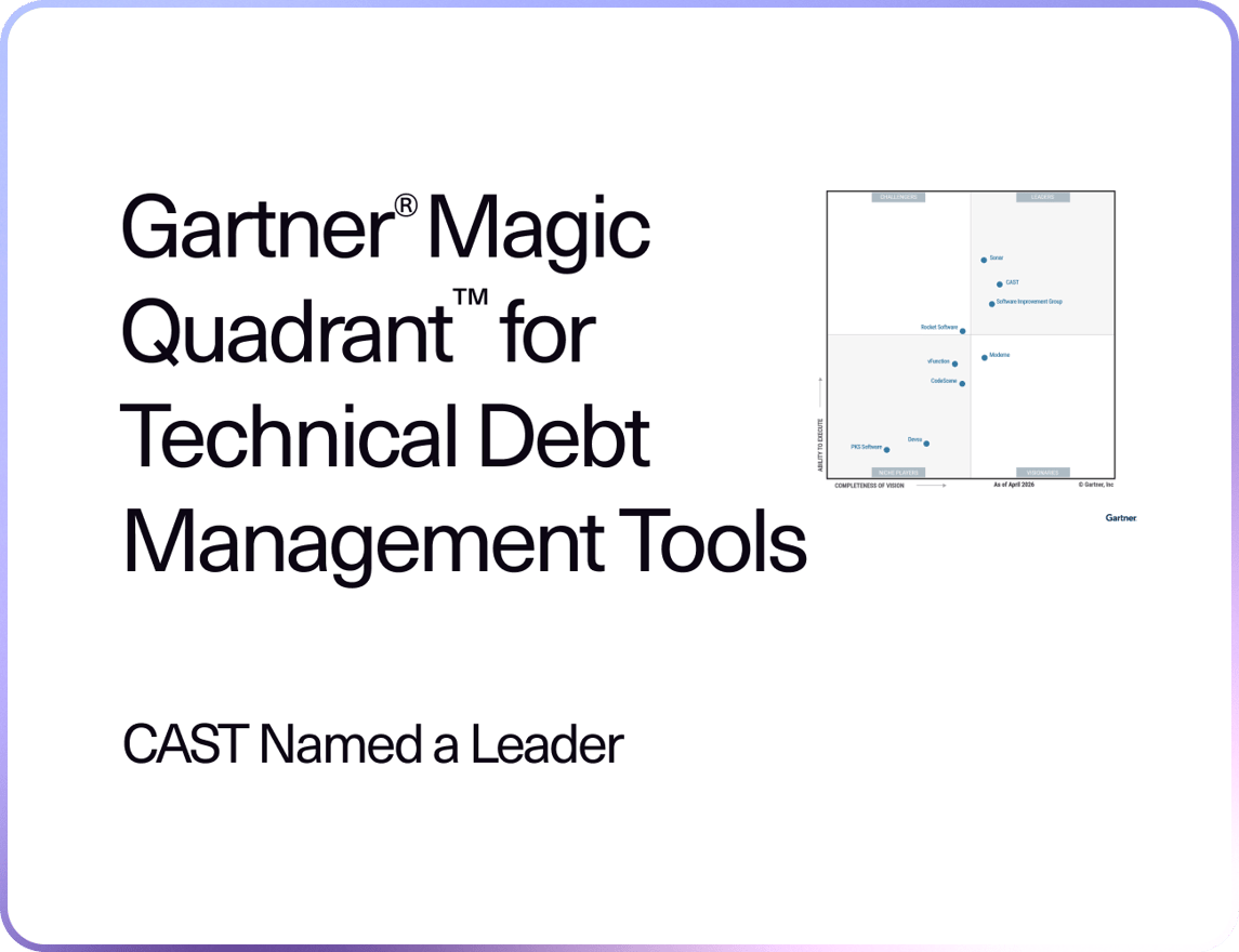 CAST Named a Leader in Gartner® Magic Quadrant for Technical Debt Management Tools CAST Named a Leader in Gartner® Magic Quadrant for Technical Debt Management Tools